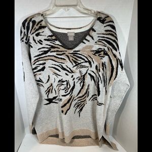 Chico's 2 Soft Knit Sweater Long Sleeve Tiger stripe V-neck EUC L Tunic …